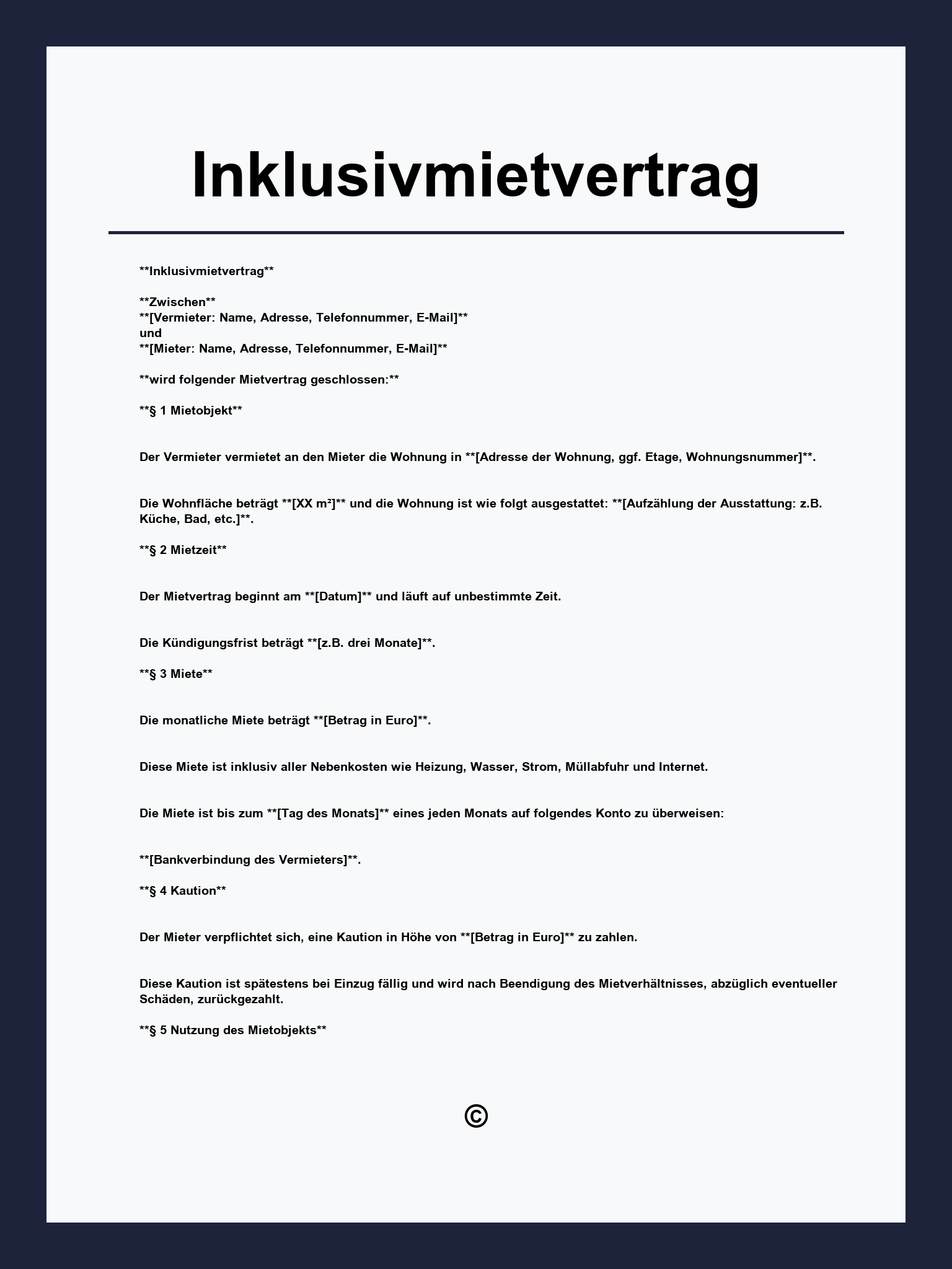 Inklusivmietvertrag Vorlage