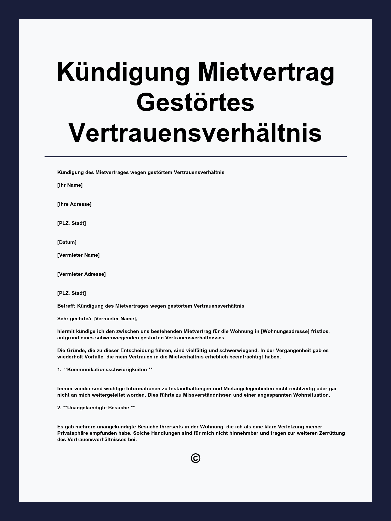 Kündigung Mietvertrag Gestörtes Vertrauensverhältnis Muster