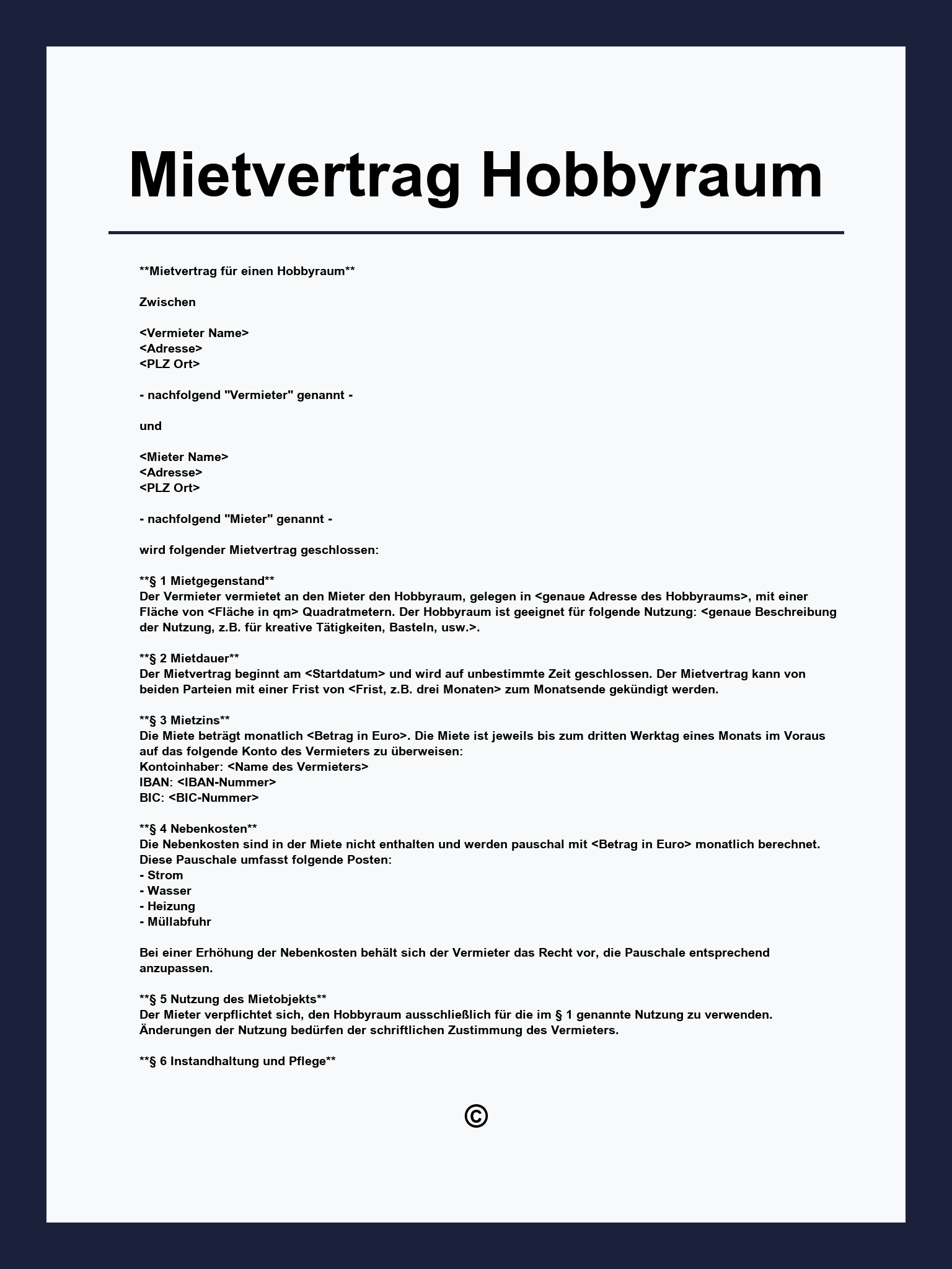 Mietvertrag Hobbyraum Muster