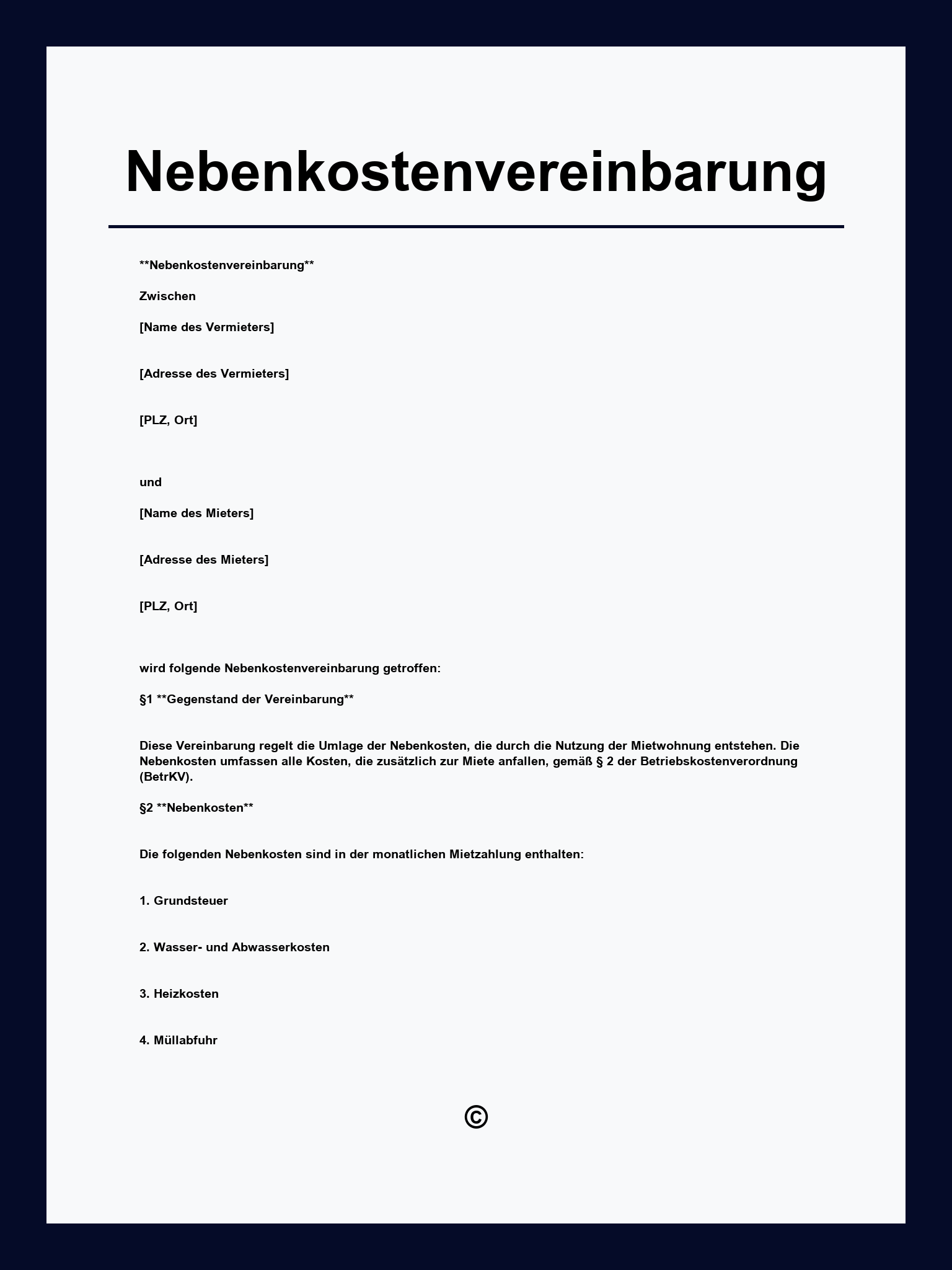 Nebenkostenvereinbarung Muster