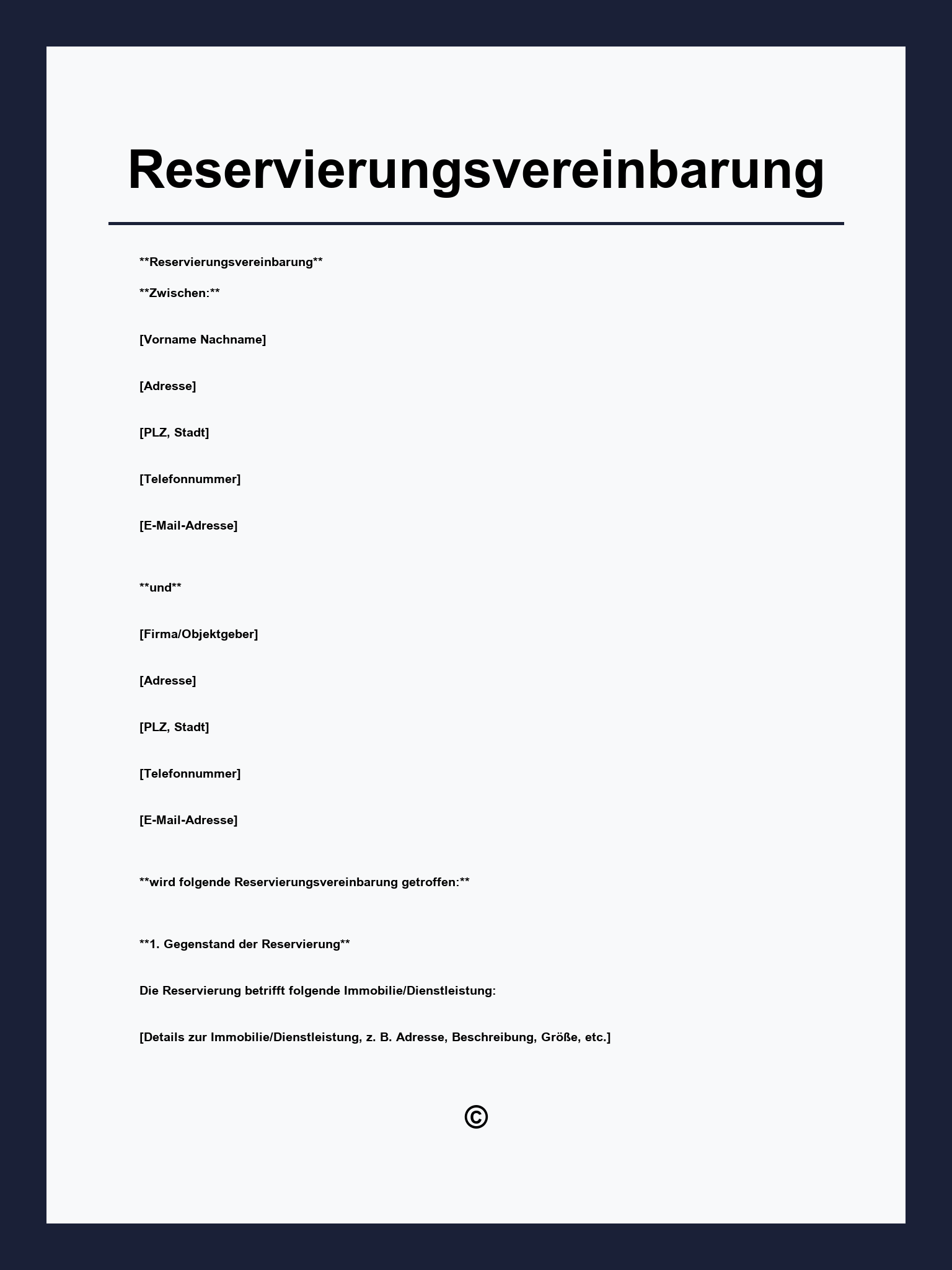 Reservierungsvereinbarung Vorlage
