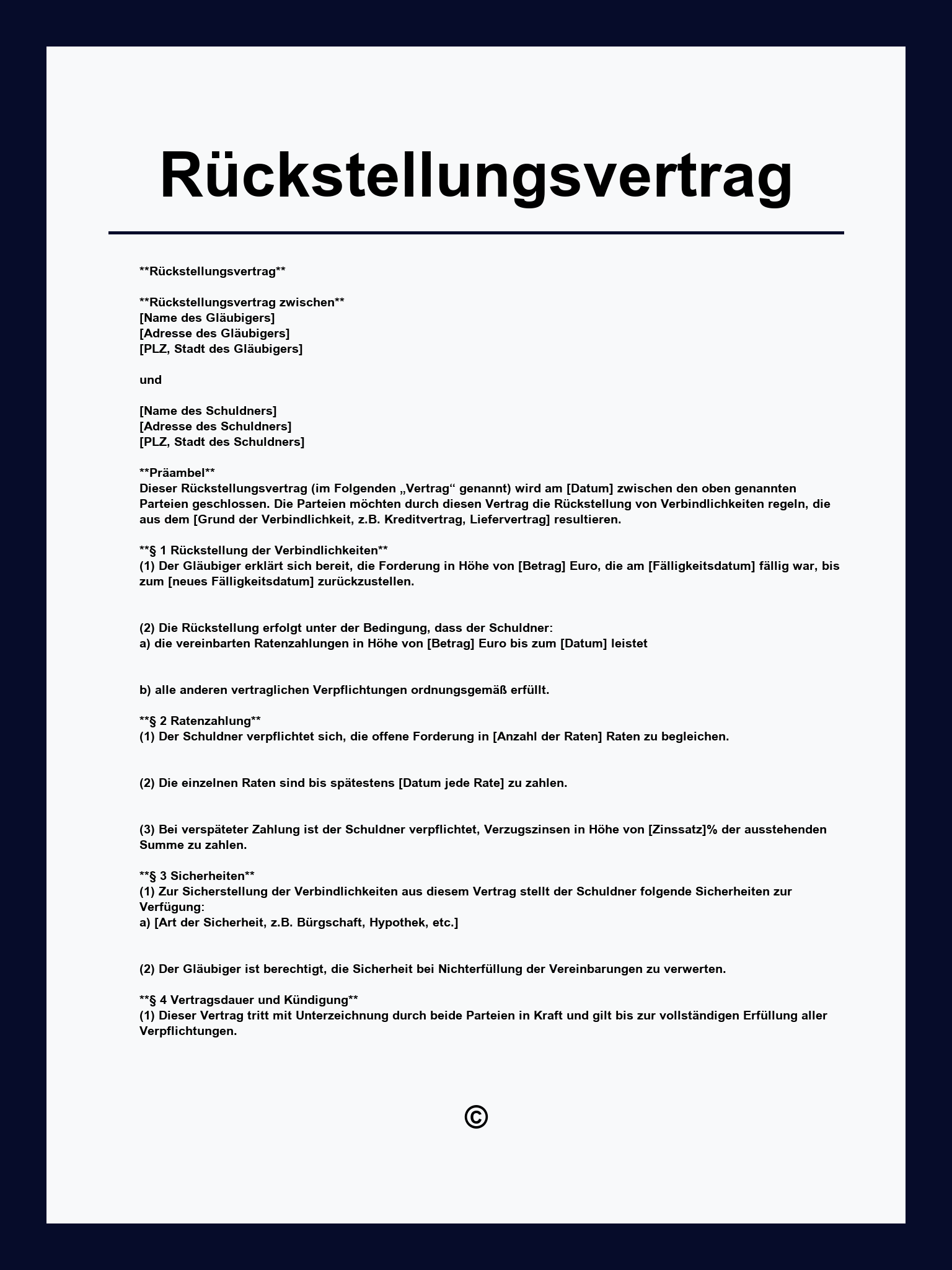 Rückstellungsvertrag Vorlage