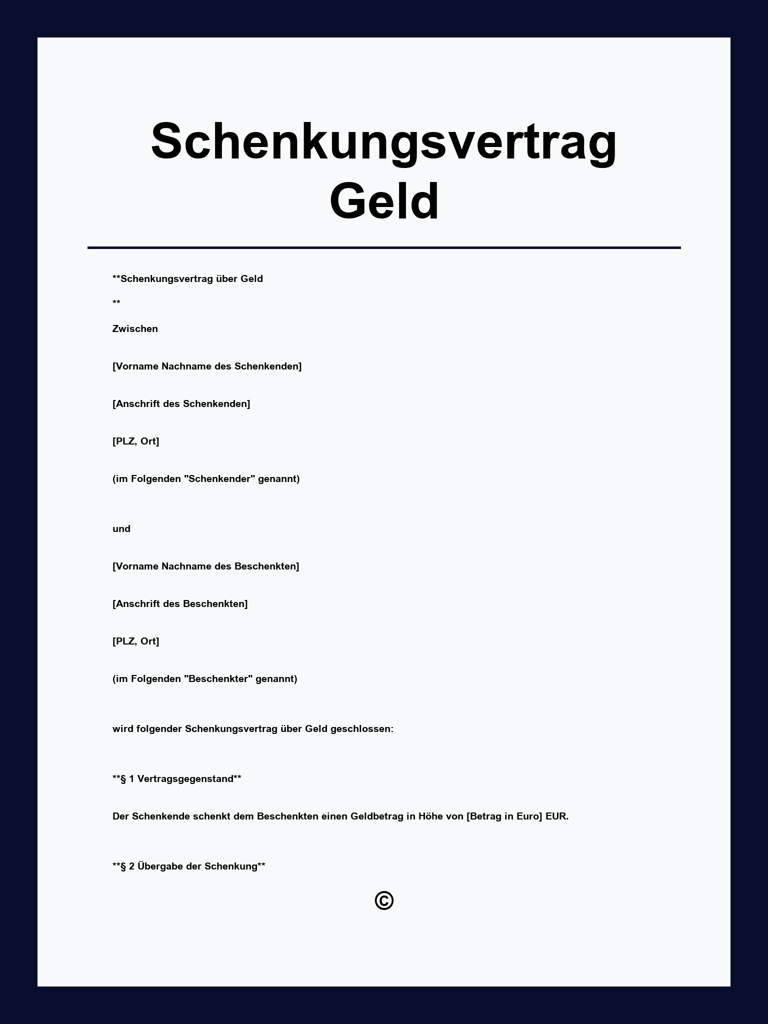 Schenkungsvertrag Geld Vorlage