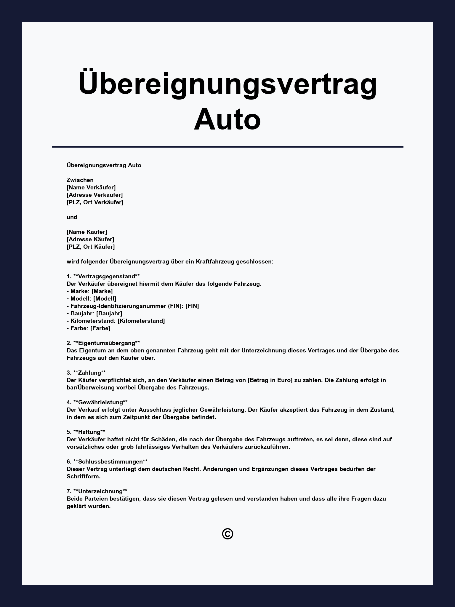 Übereignungsvertrag Auto