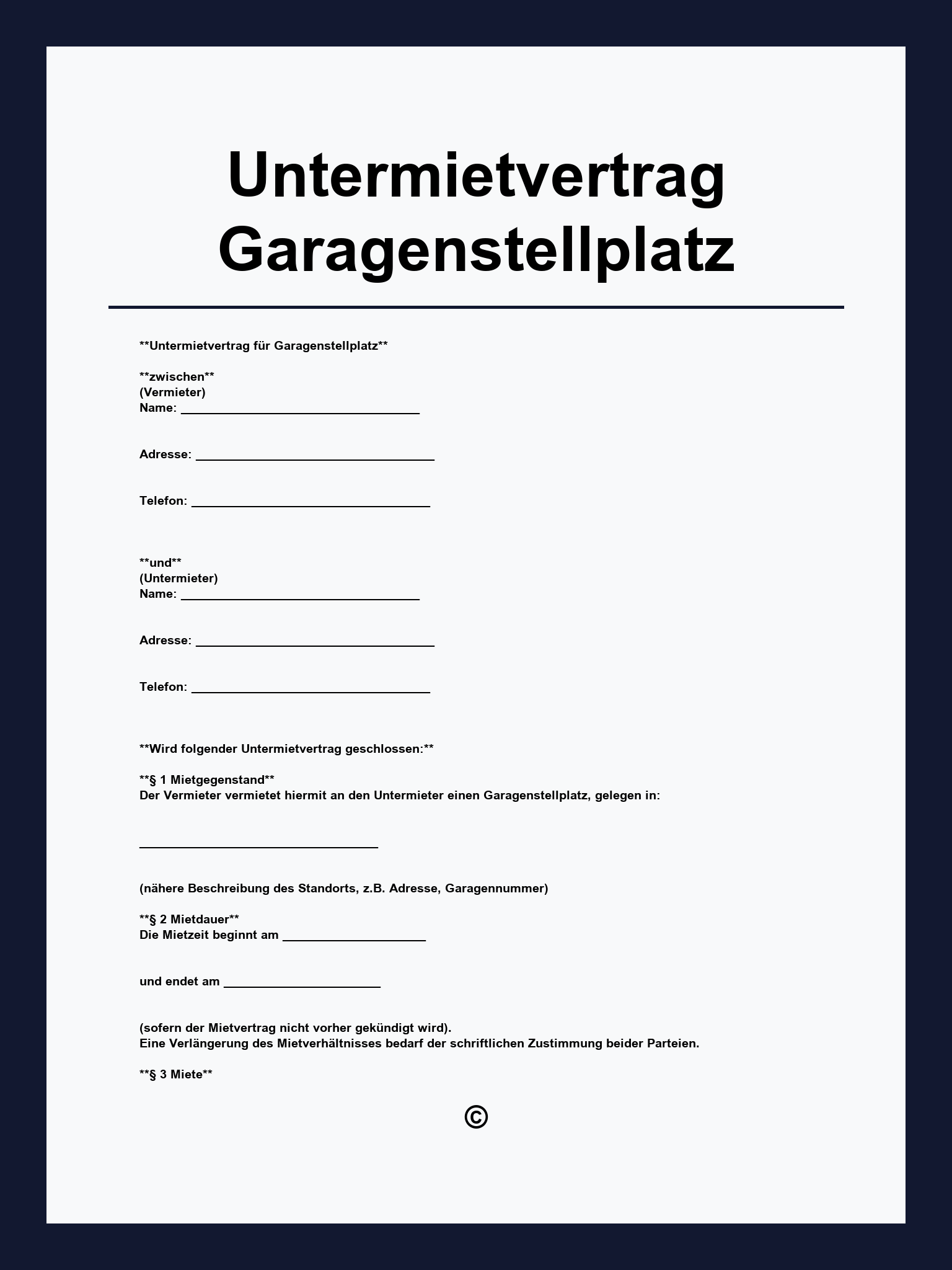 Untermietvertrag Garagenstellplatz