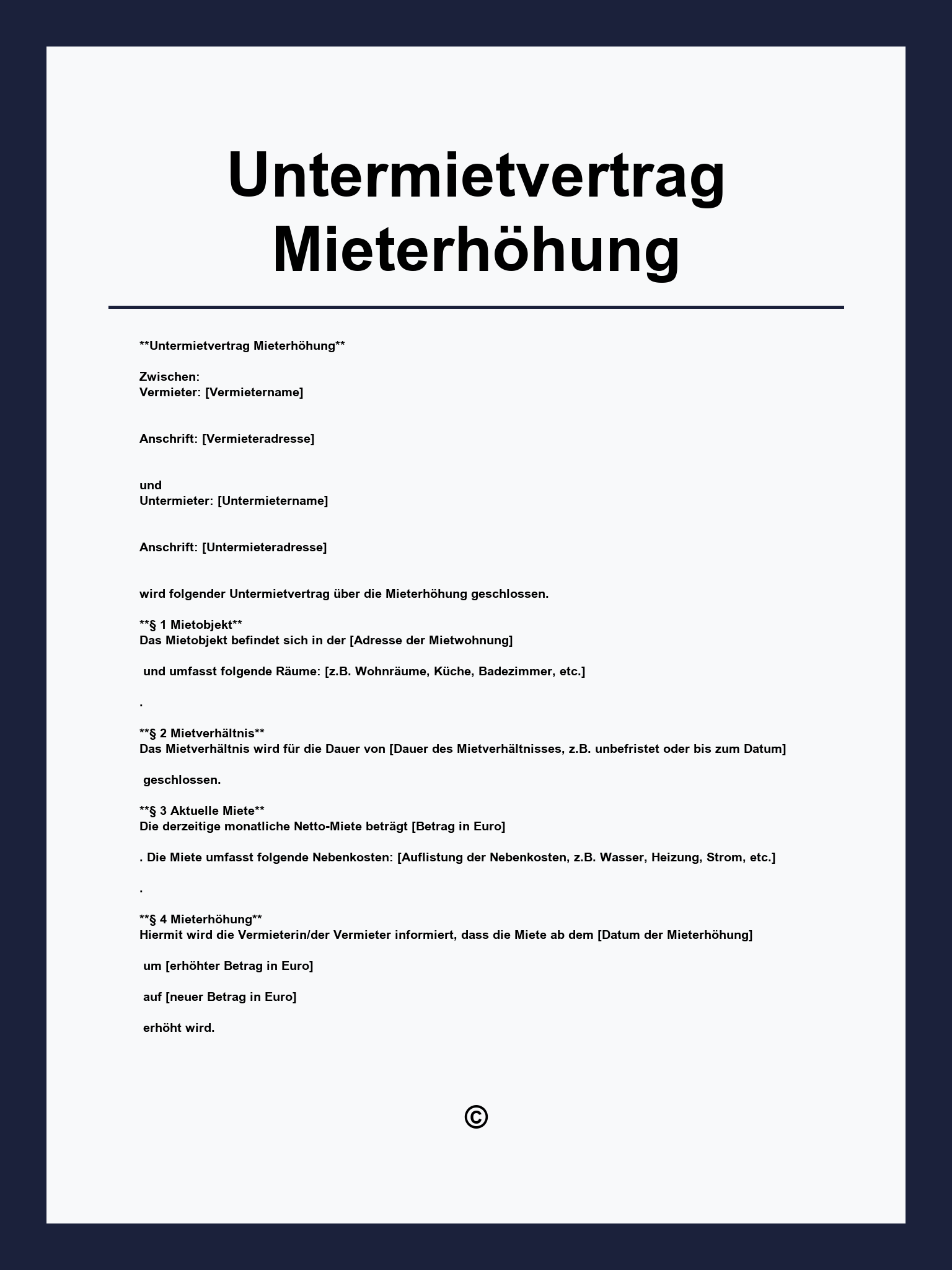 Untermietvertrag Mieterhöhung Vorlage