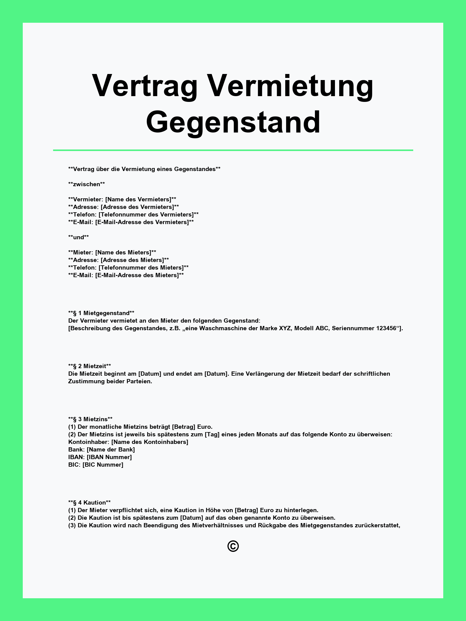 Vertrag Vermietung Gegenstand