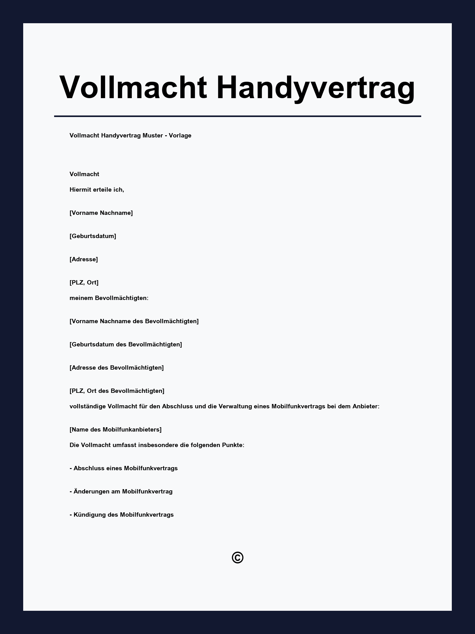 Vollmacht Handyvertrag Vorlage