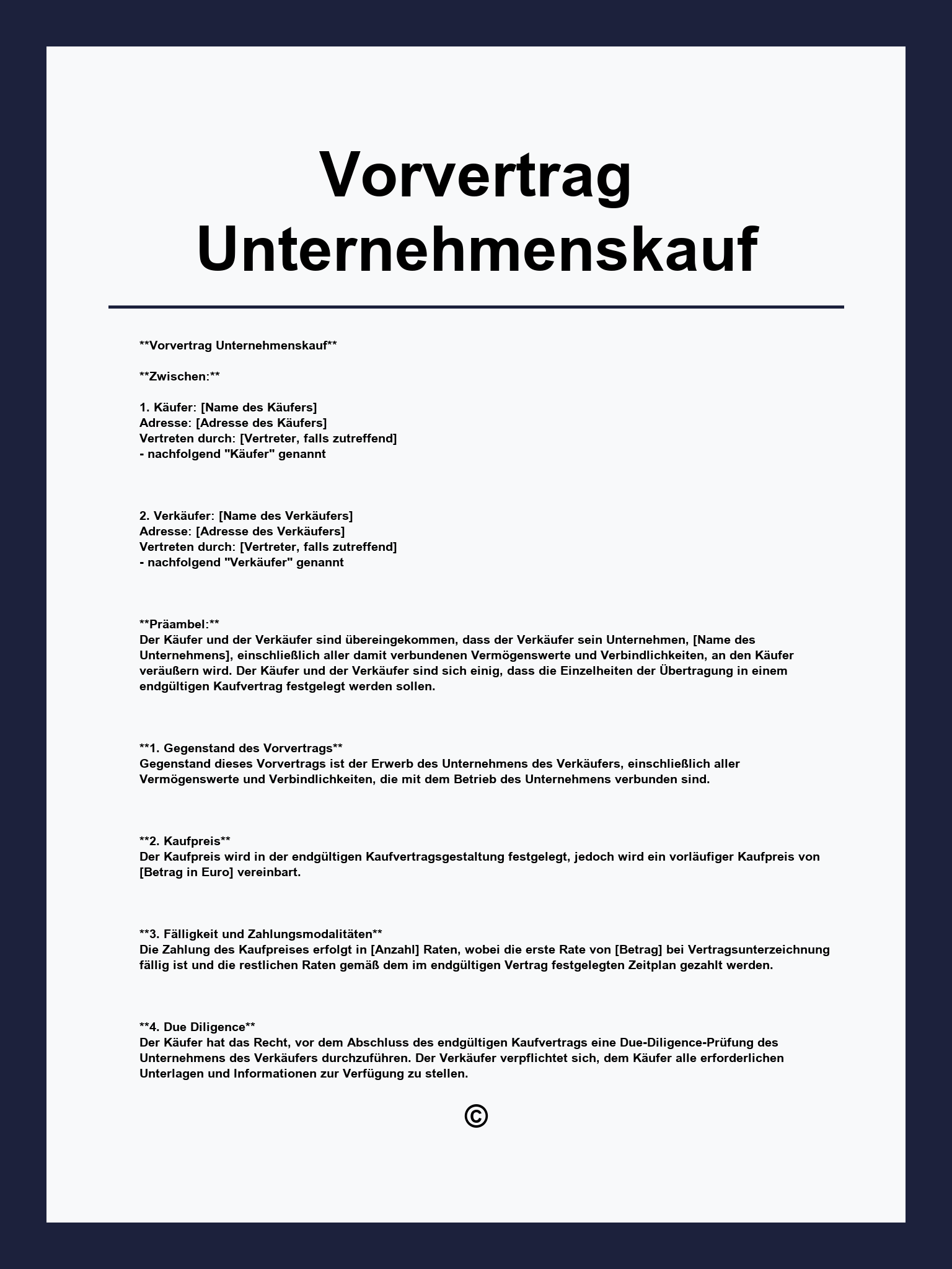 Vorvertrag Unternehmenskauf