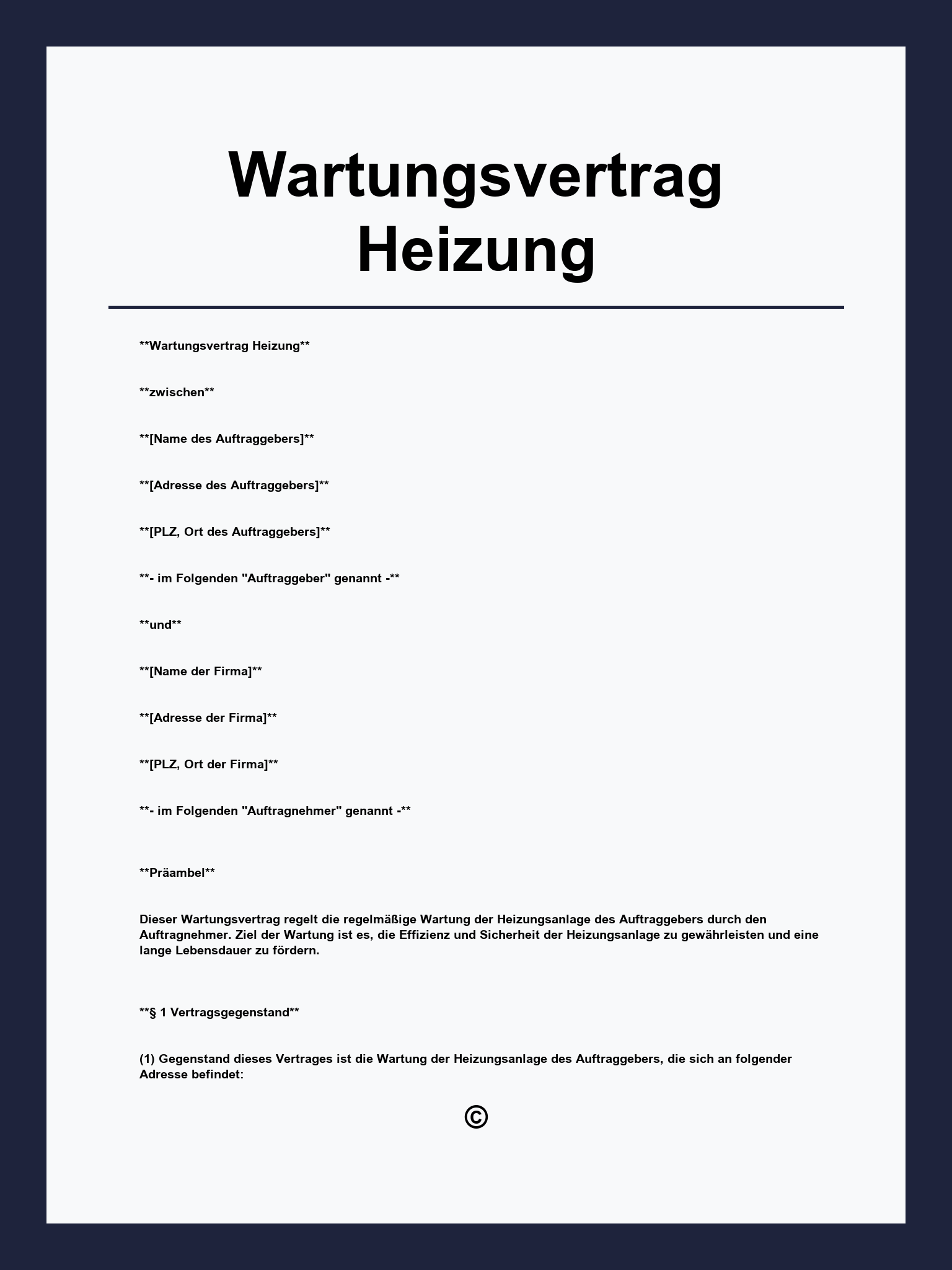 Wartungsvertrag Heizung Vorlage