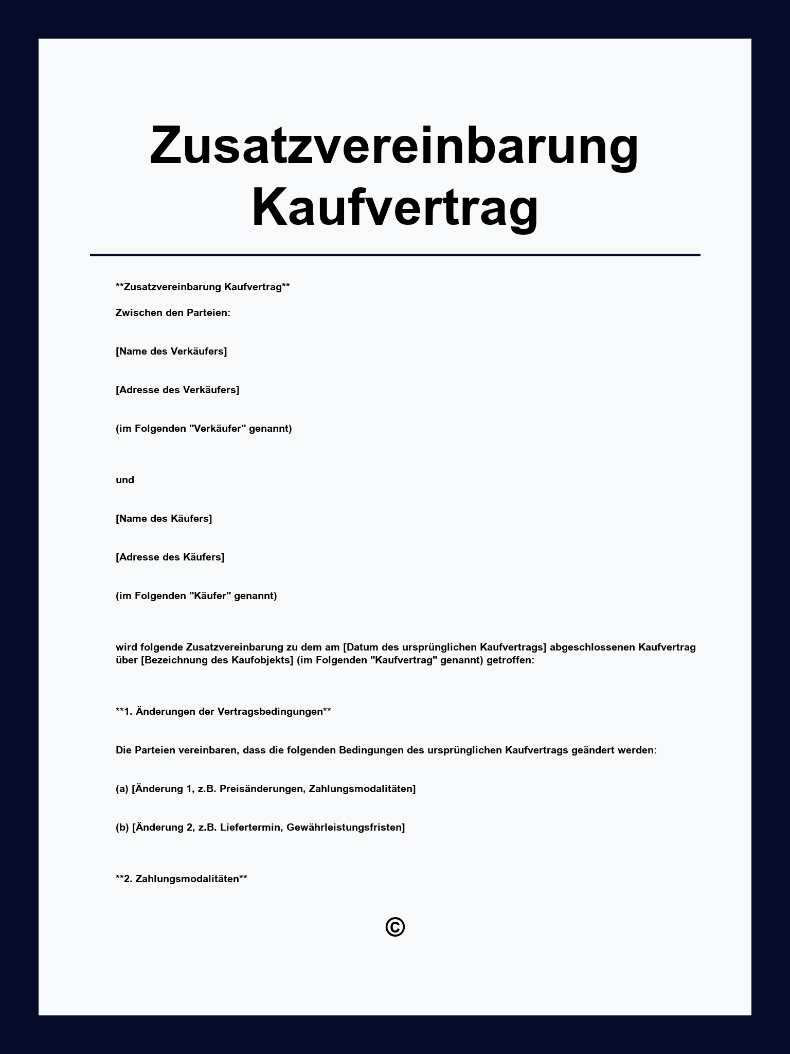 Zusatzvereinbarung Kaufvertrag Muster